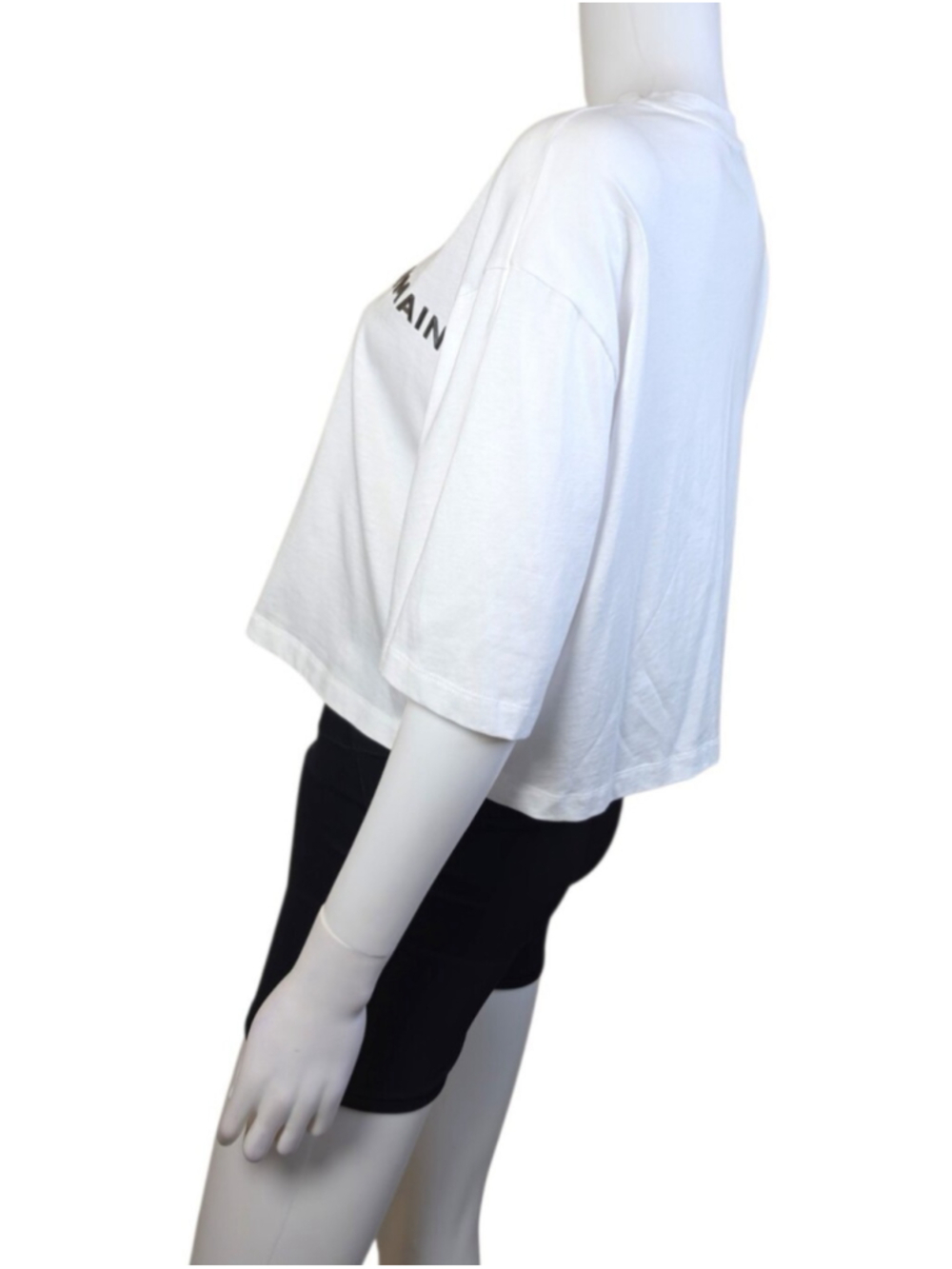 $495 BALMAIN Laminated Logo Cotton Crop T-Shirt Large - Picture 7 of 13
